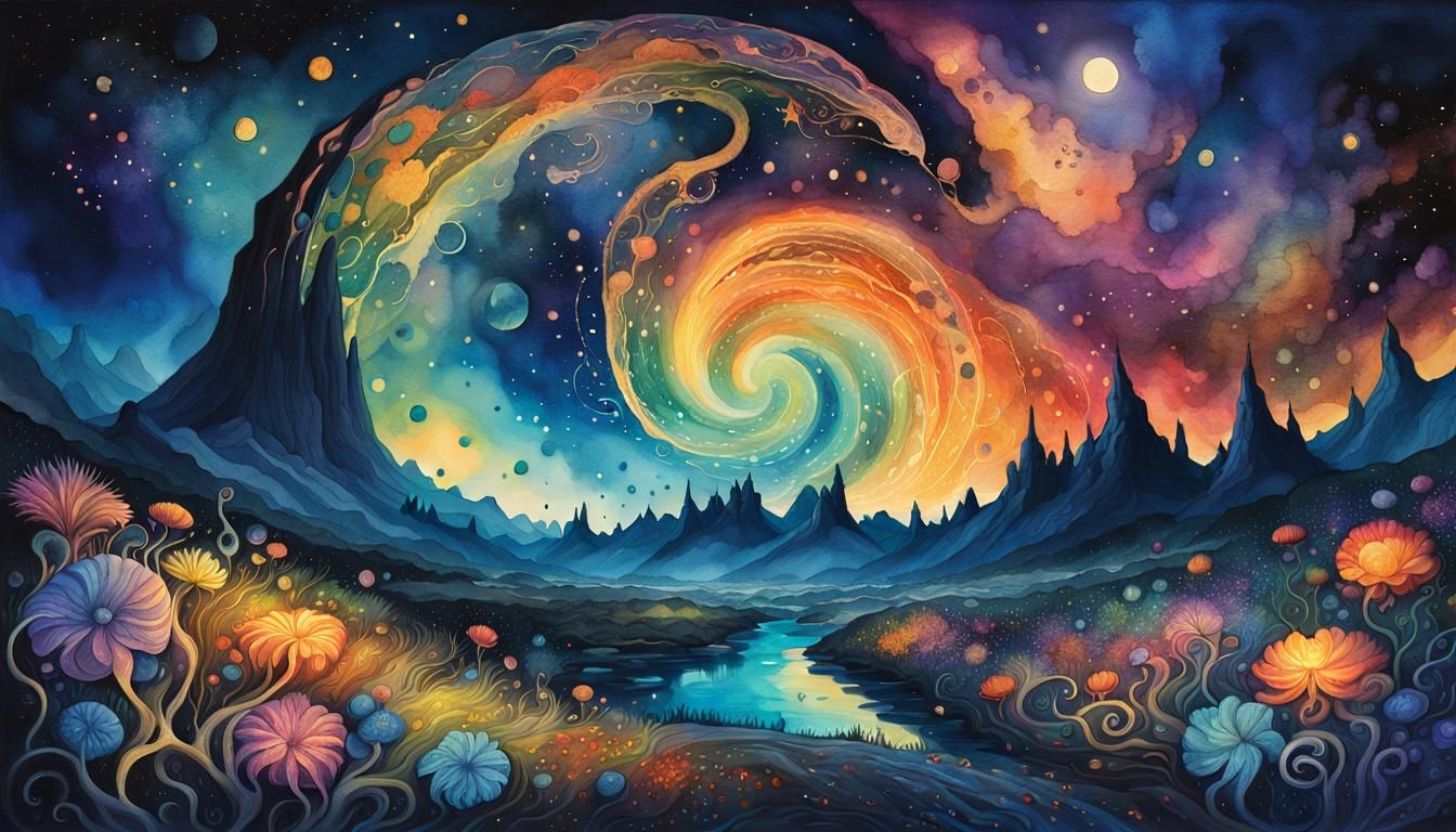 Bioluminescent Fantasy World at Night in Expressionist Style