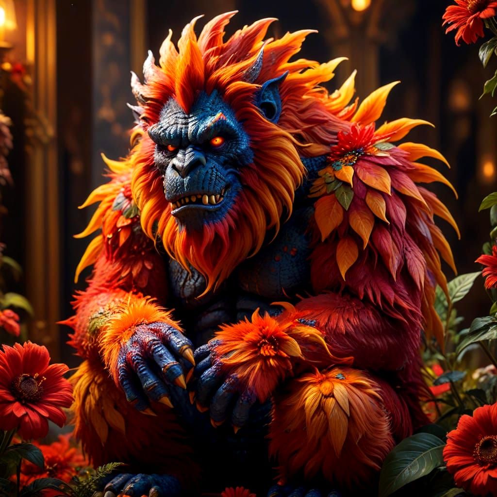 Adorable Sad Monster with Fiery Red Fur Gazes at Flower