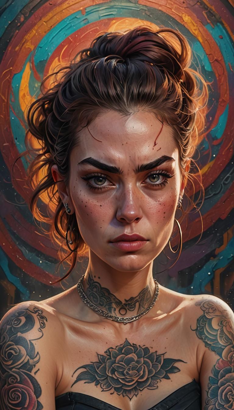 Angry Woman with Tattoo: Hyper-Realistic Digital Art