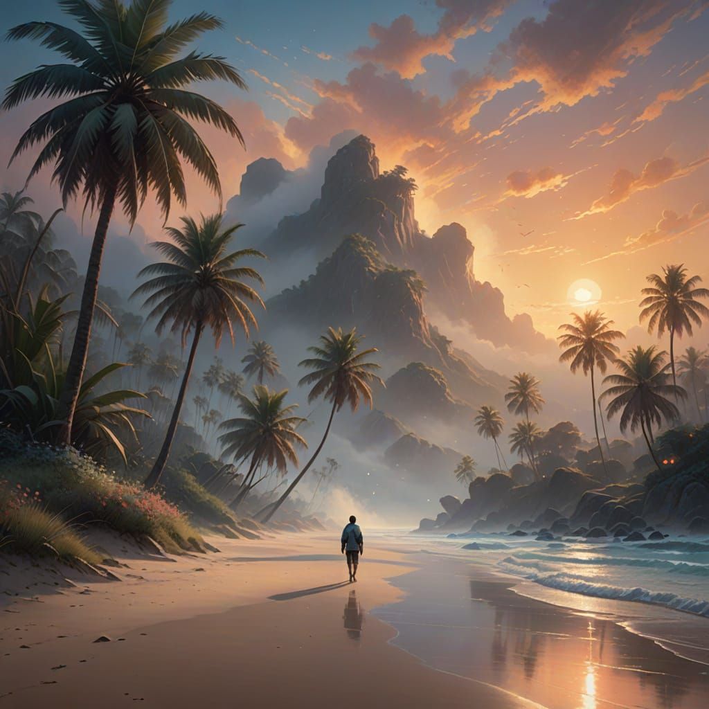 Surreal Beach at Sunset in Whimsical Oil Painting Style
