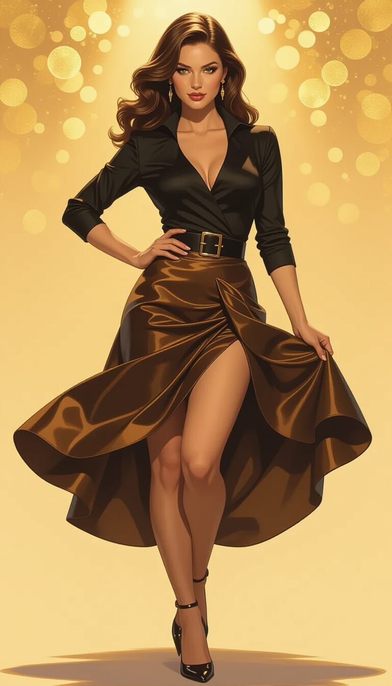 Stunning Woman in Stylish Skirt, Elegant Oil Painting Style