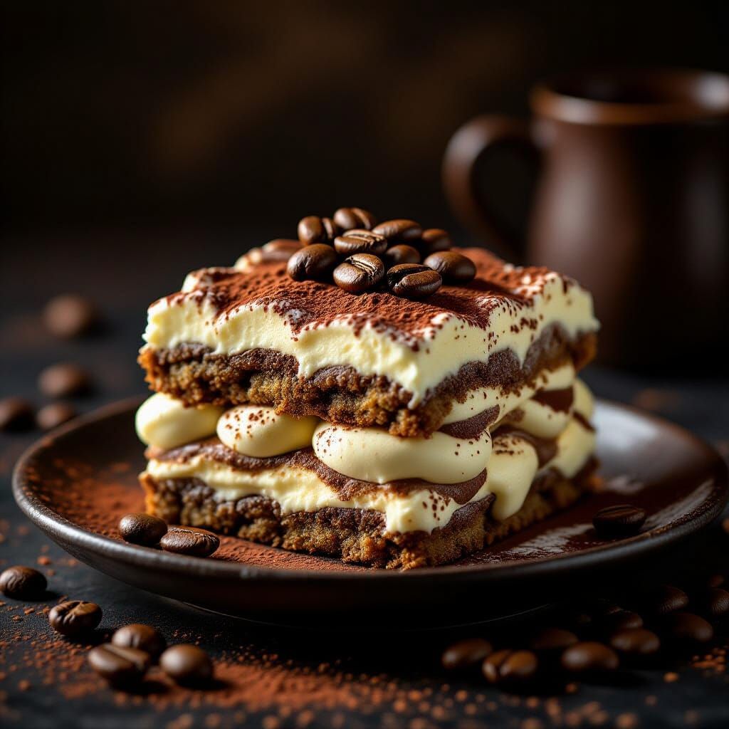 Rich Tiramisu Dessert Photographed in Soft Spotlight