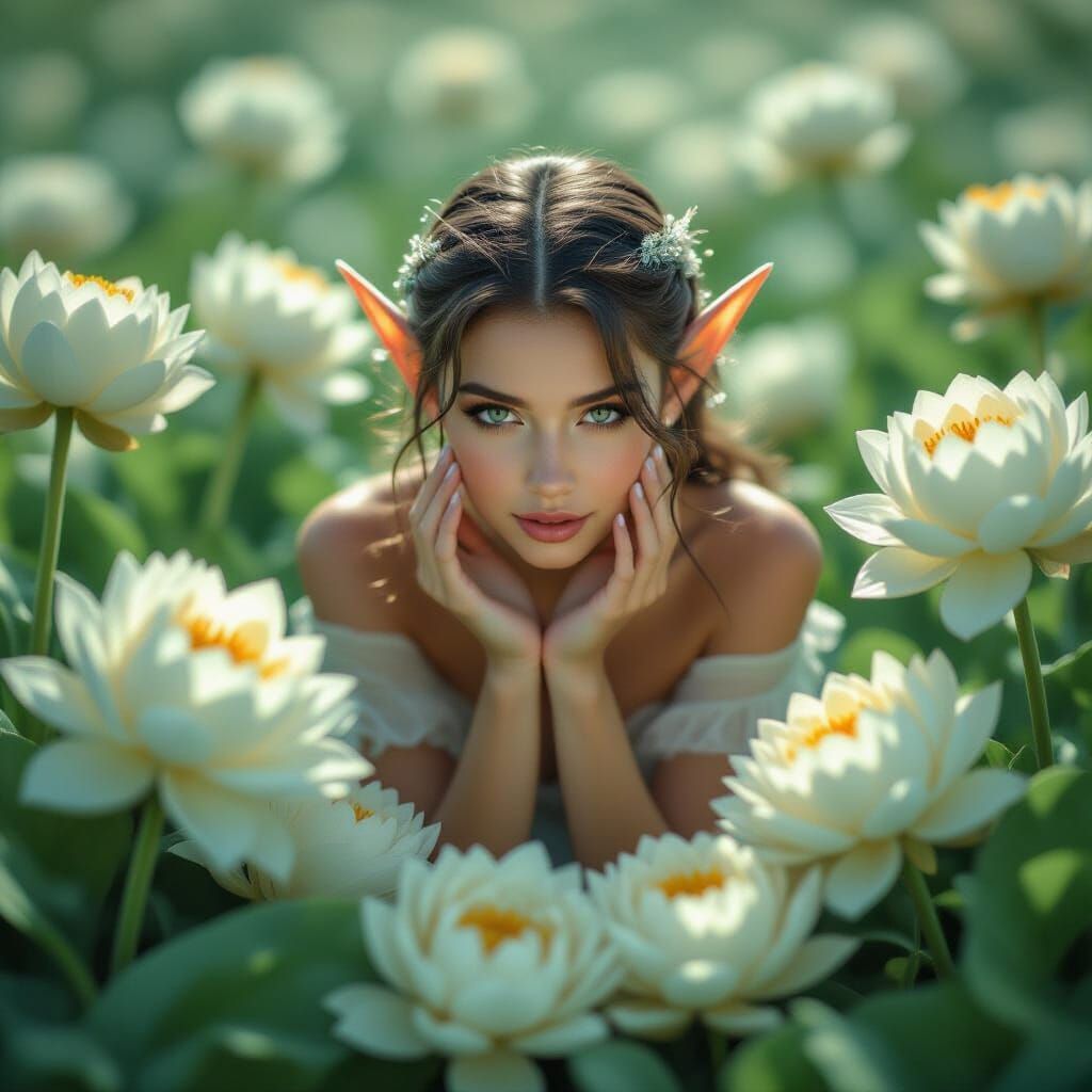 Elf Among Tuberous Flowers in Dreamy Painterly Style