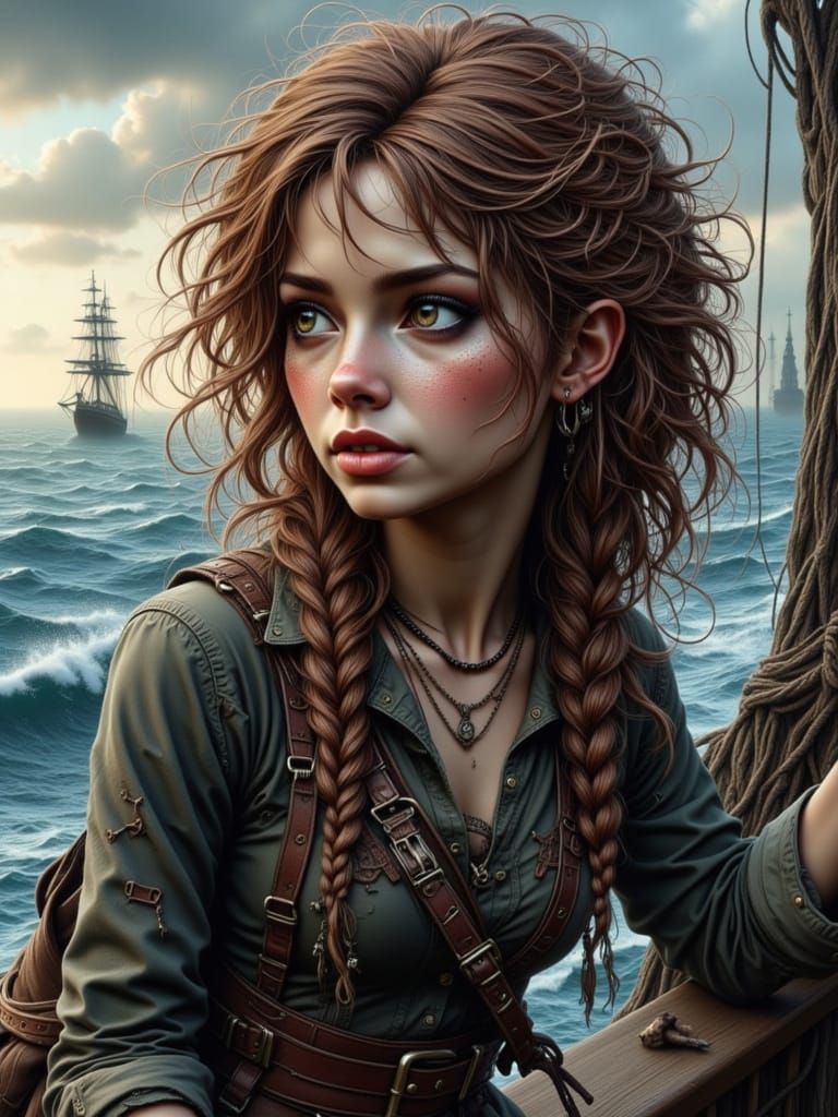 Battle-Weary Sailor Woman Navigates Stormy Sea