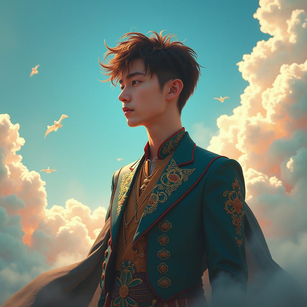 Mystical Young Man in Dreamlike Landscape