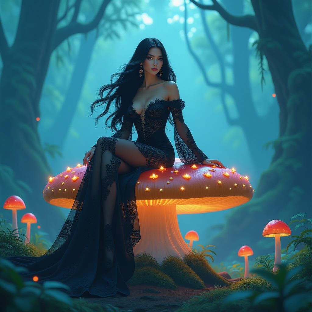 Bioluminescent Mushroom in Surreal Forest, Fantasy Art