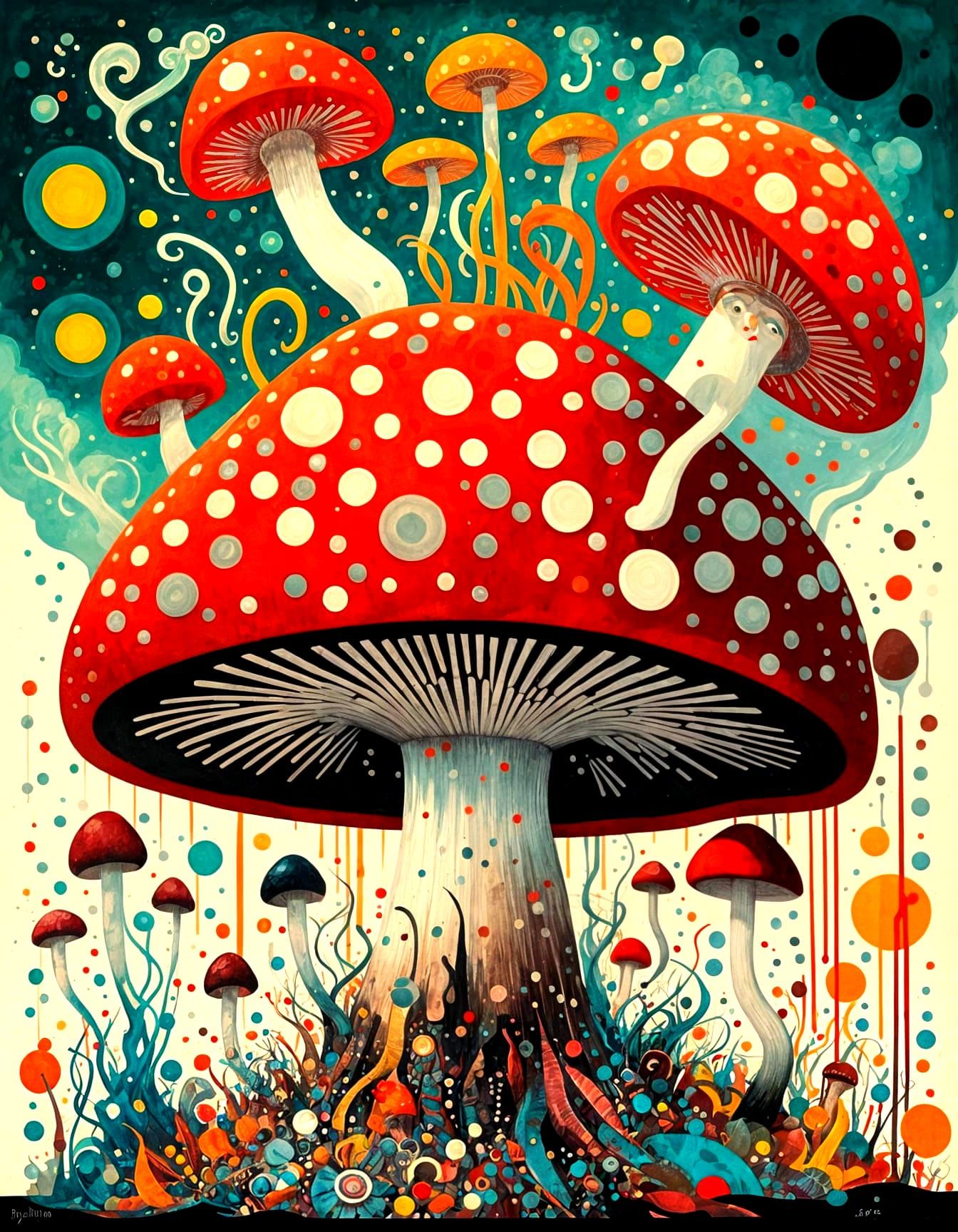 Crimson Mushroom: Vintage Punk Art Illustration