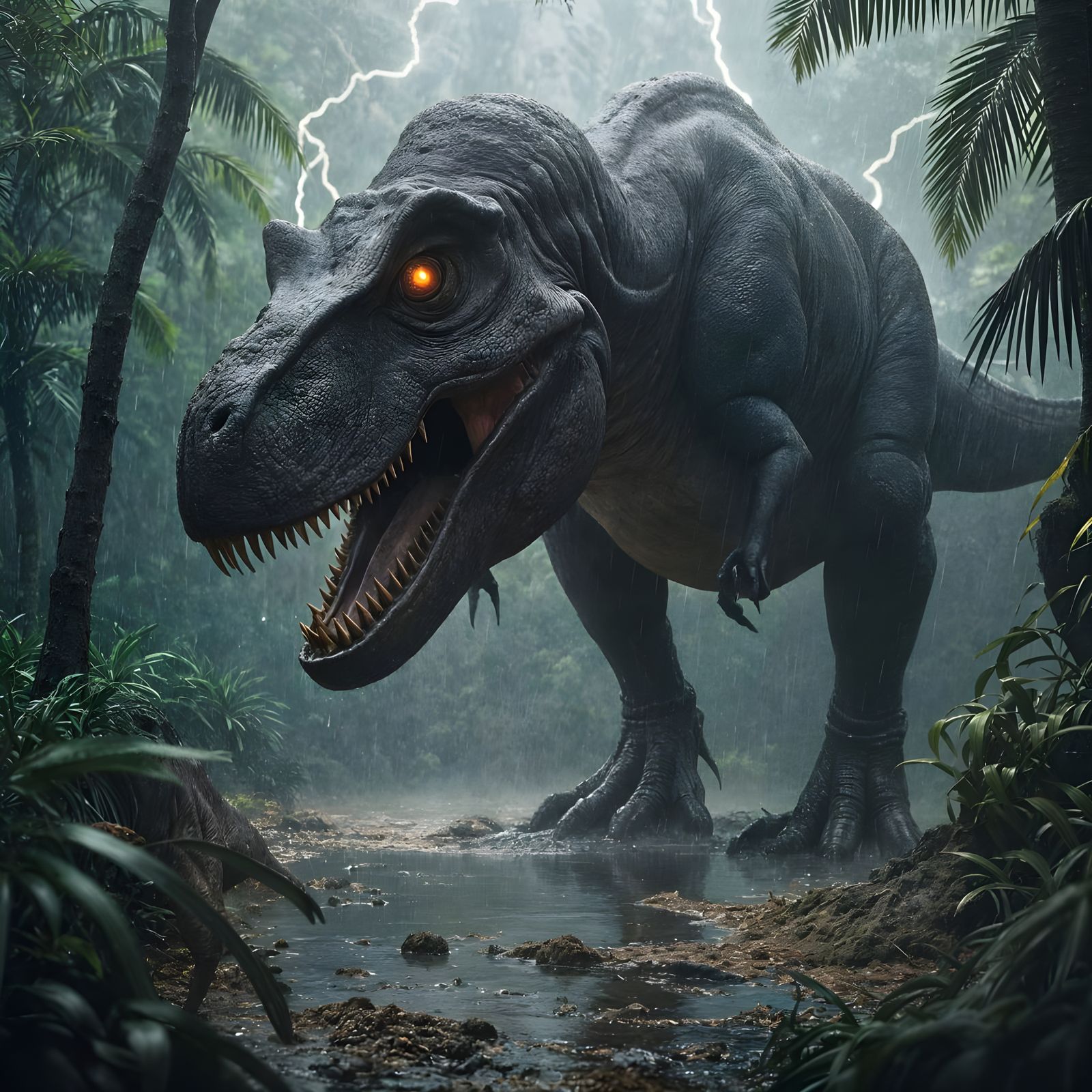 Dramatic Nighttime Scene of a Hyperrealistic, Fully Grown T-...