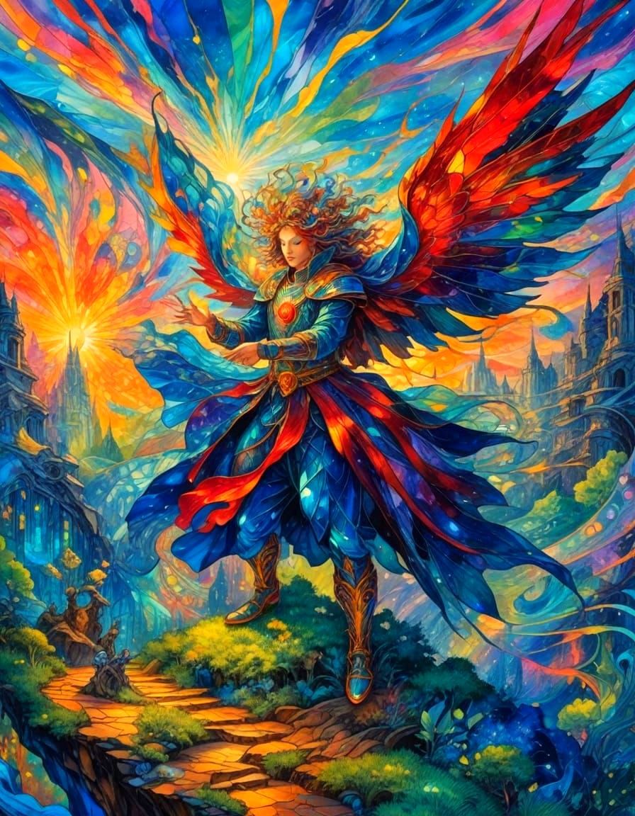 Surreal Stained Glass Art with Iridescent Light and Spirals