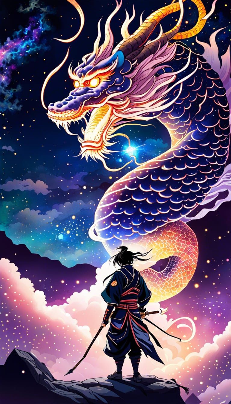 Samurai and Dragon in Ethereal Ukiyo-e Style
