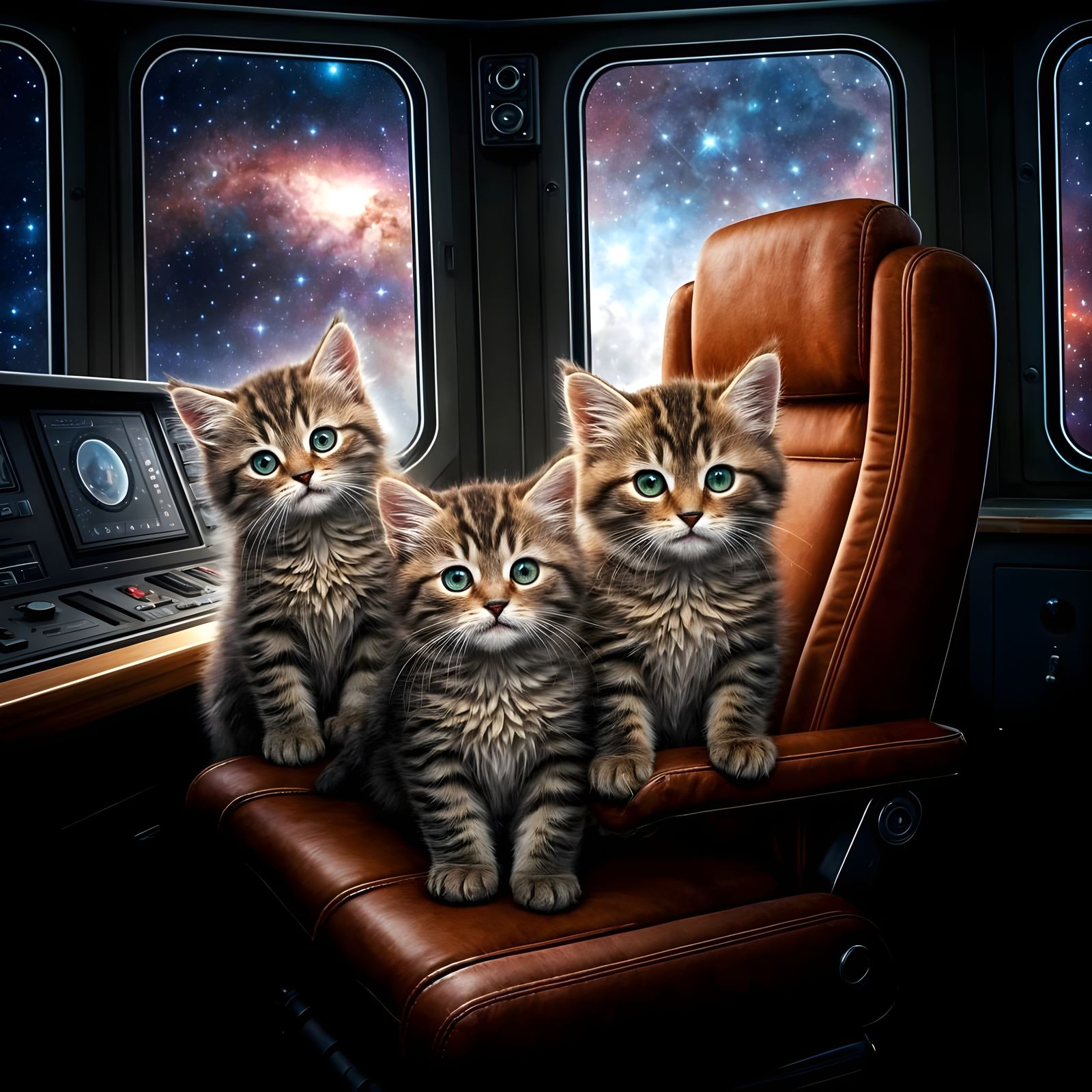 Cute Tabby Kittens Command Space Ship in Nebula