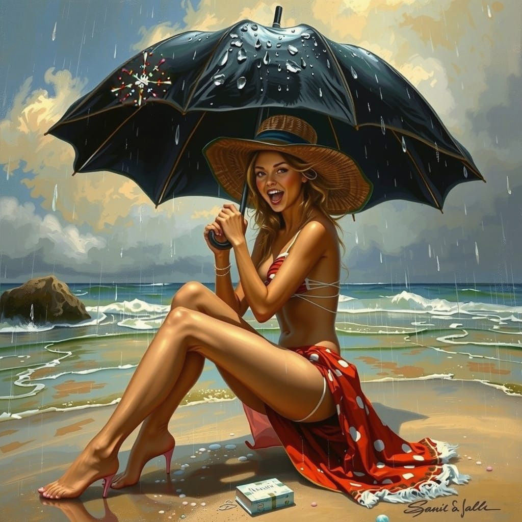 Surreal Beach Scene with a Girl and a Rain Cloud