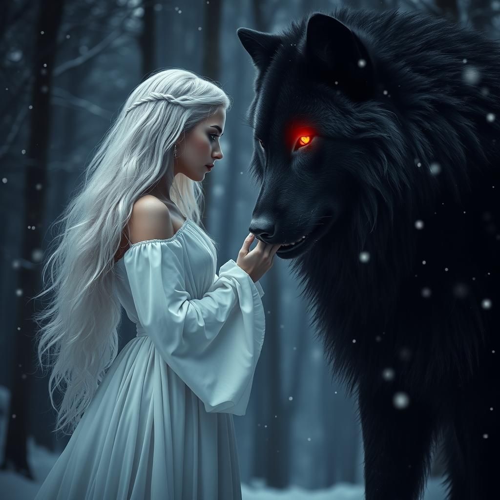 Mystical Woman and Black Wolf in Enchanted Forest
