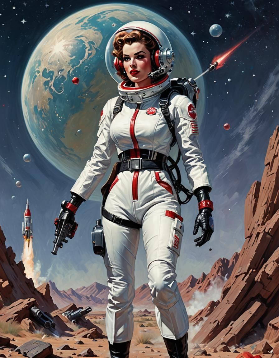 Retrofuturistic 1950s Pinup Space Woman Digital Painting