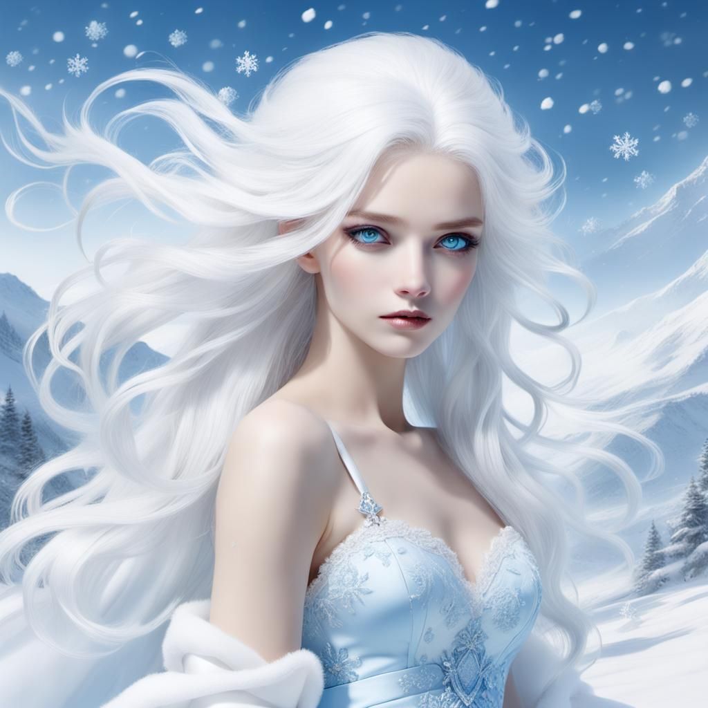 Snow Queen with Flowing White Hair and Skirt