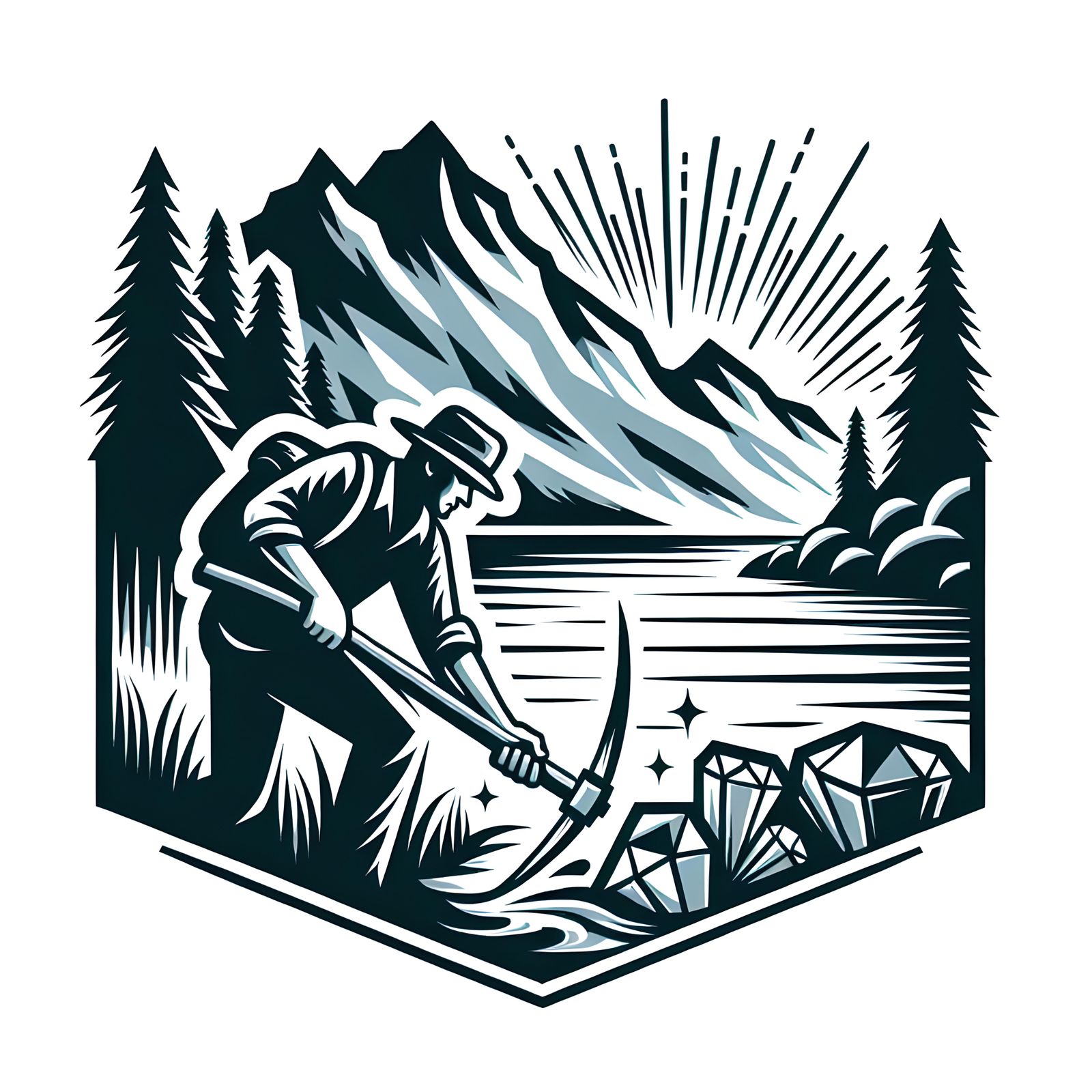 Crystal Hunter by River with Mountains Art Logo