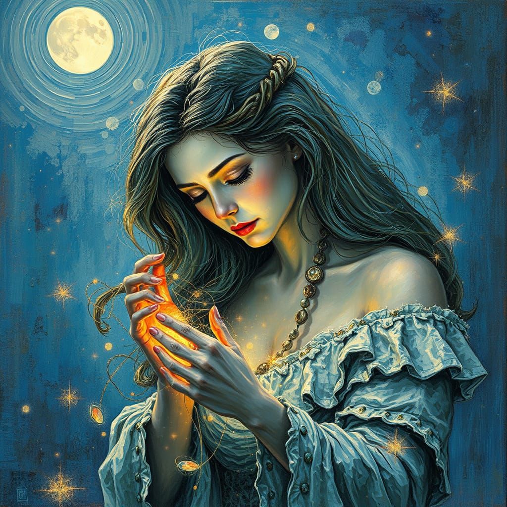 Surreal Woman Weaving Dreams Under Moonlight