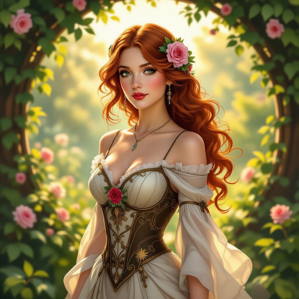 Art Nouveau Woman in Steampunk Dress in Garden