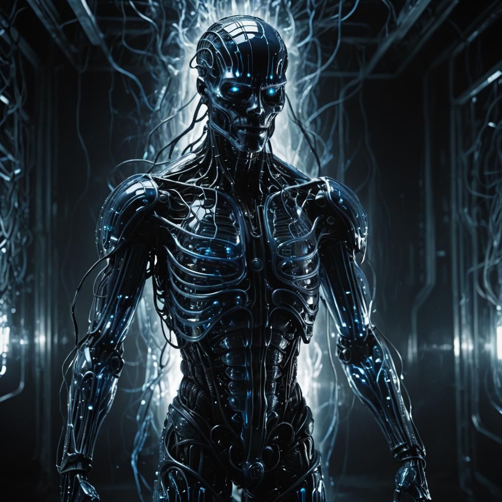 Glass Humanoid Pulsing with Electricity in Dark Mist