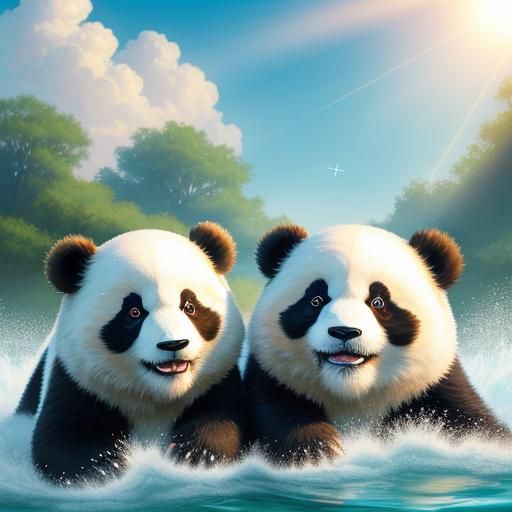 Charming Panda Cubs Play in Water with Soft Lighting