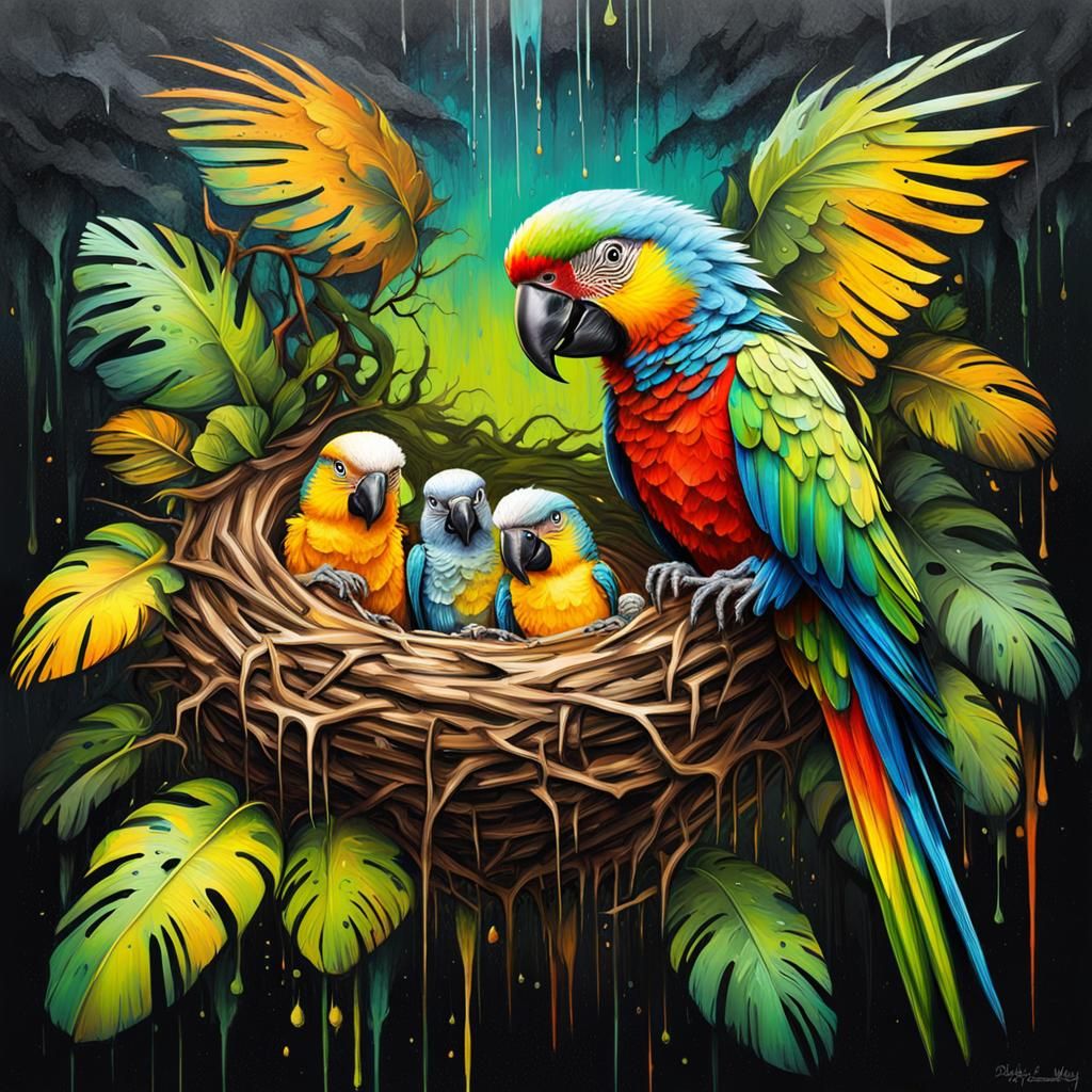 Parrot nest. With one mummy parrot and small baby parrot chicks, in a nest in the rain forest