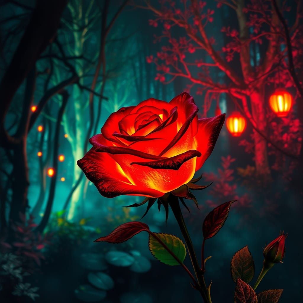 Bioluminescent Rose in Neon-Lit Enchanted Forest