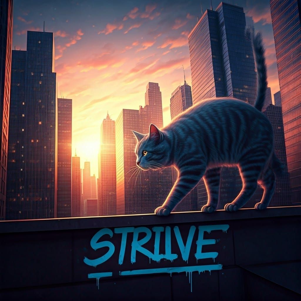 Majestic Cat Leaps into Sunrise Over City