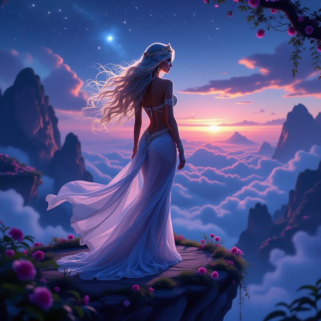 Ethereal Woman on Floating Island Amidst Nebula