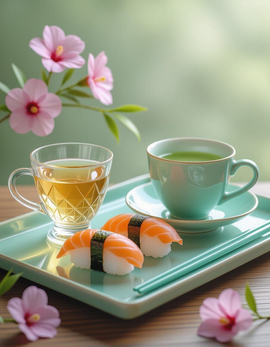 Crystal Sushi in Japanese Tea Ceremony, Watercolor Style
