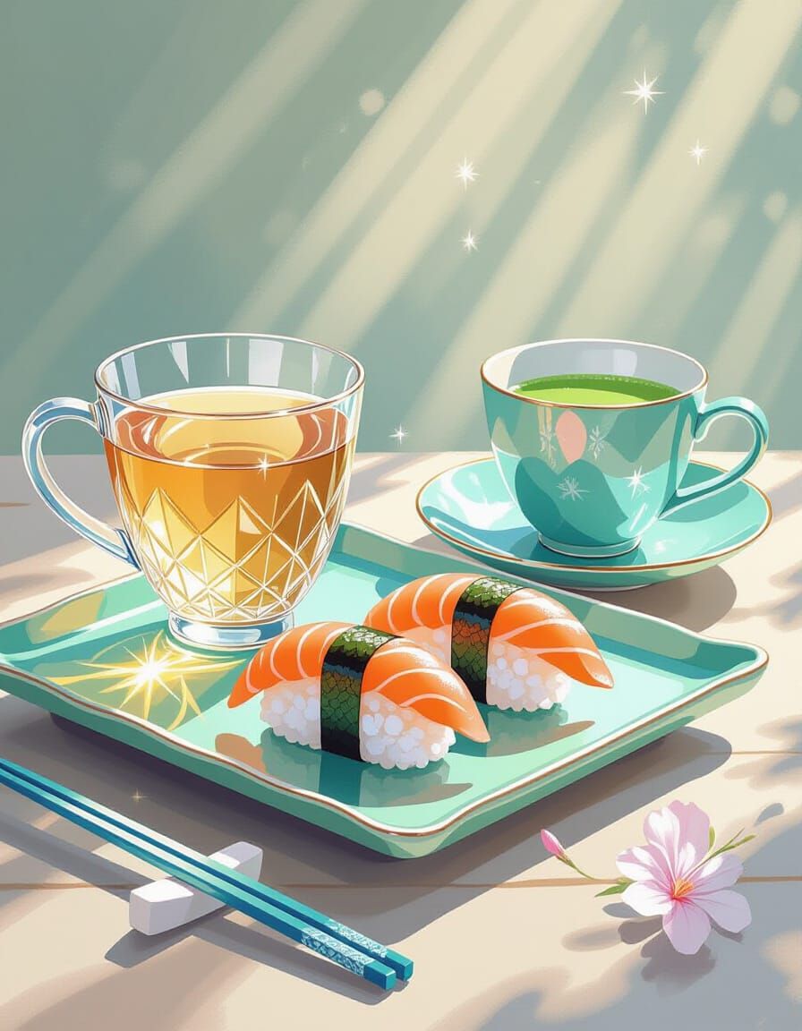 Crystal Sushi in Japanese Tea Ceremony, Watercolor Style
