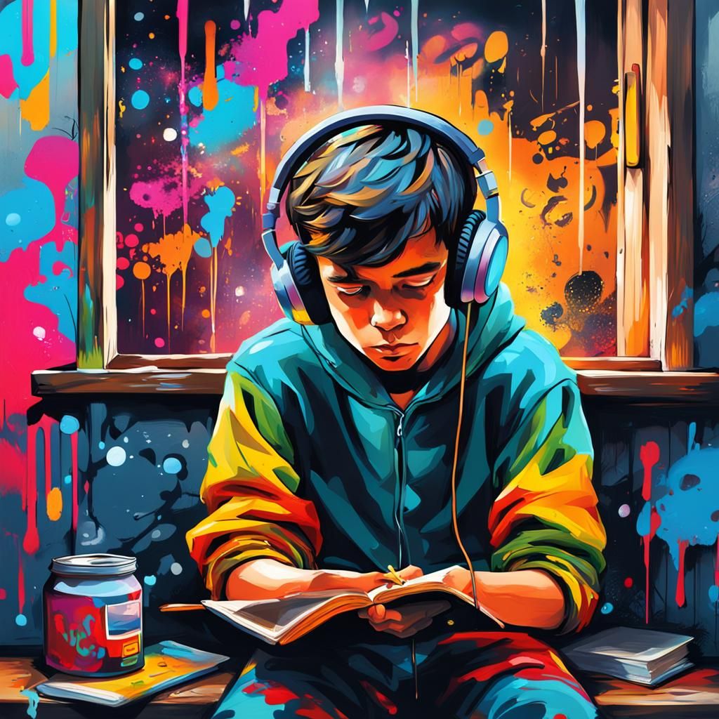 Boy Writing with Graffiti Art Aesthetic