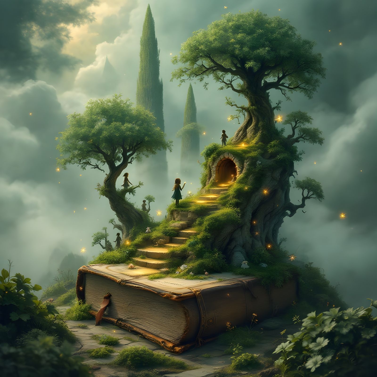 Whimsical Book Landscape with Fairy-Tale Characters and Twin...