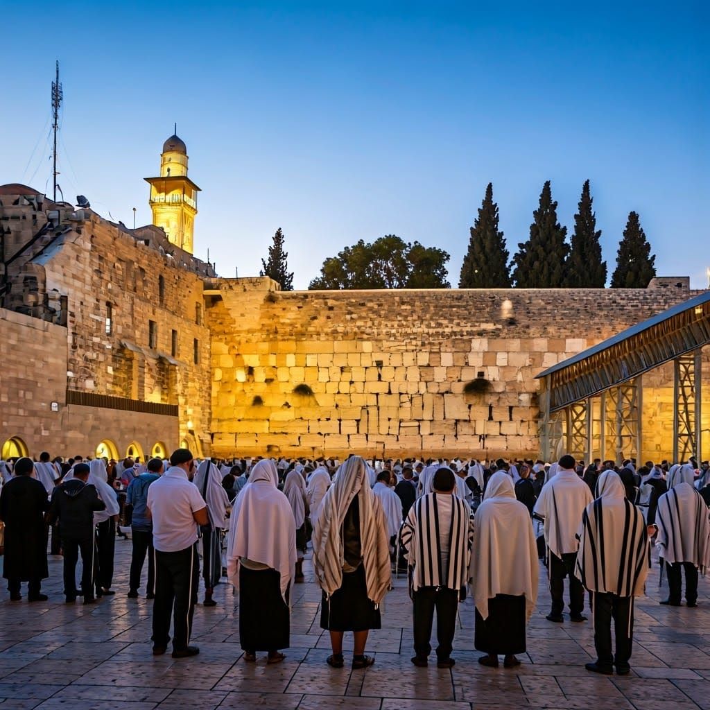 Orthodox Devotees in Sunset Light at Western Wall