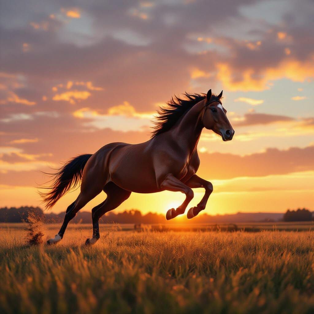 Majestic Horse Soars Through Golden Sunset Sky