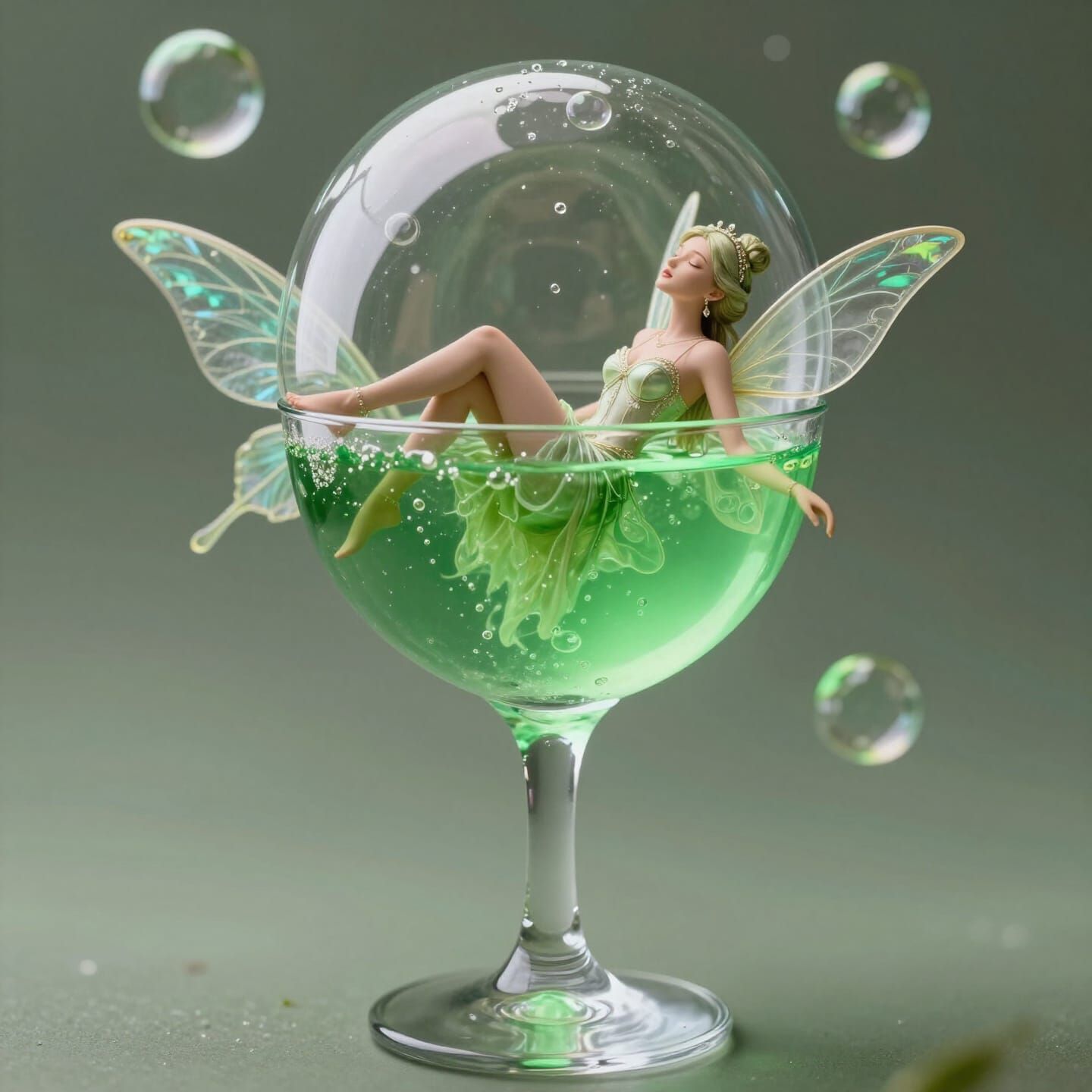 Green Fairy Reclining in Bubble Over Absinthe Glass