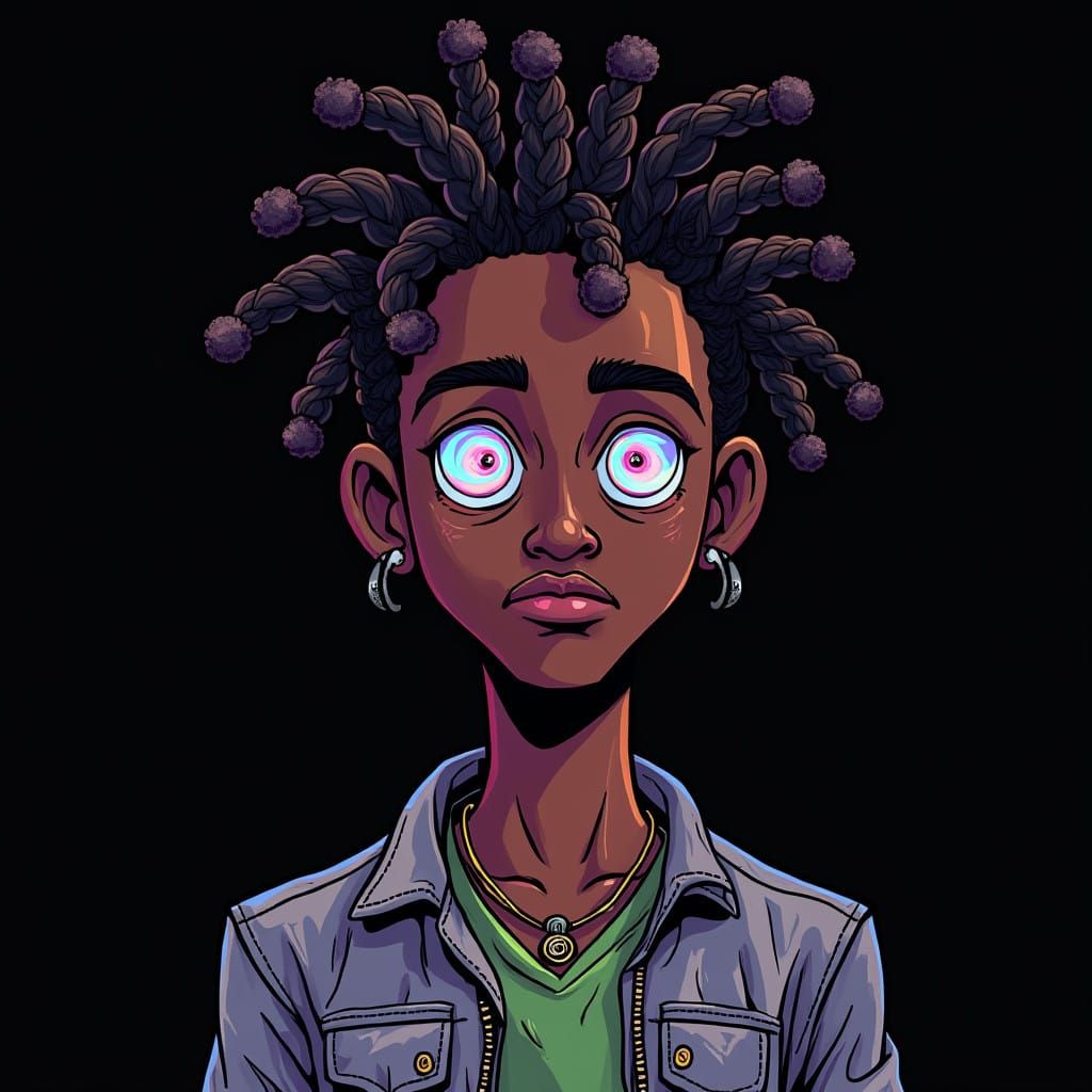 Vibrant Cartoon Figure with Opal Eyes Stares Directly