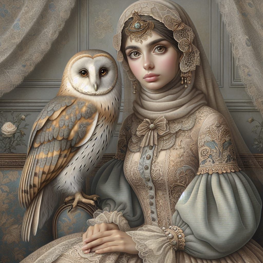 Victorian Woman with Owl in Dreamlike Illustration