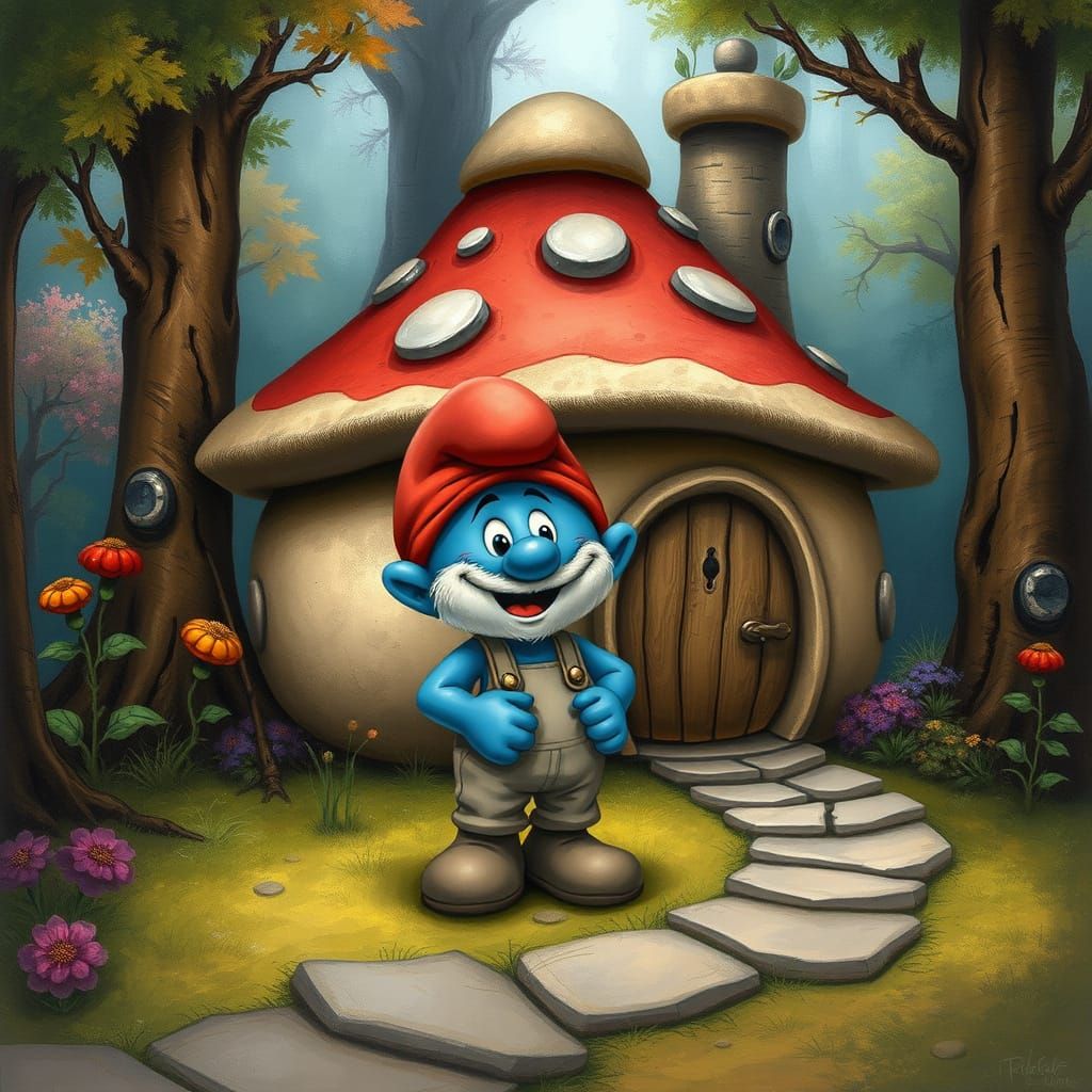 A cozy smurf mushroom-shaped home with a chimney puffing out spores