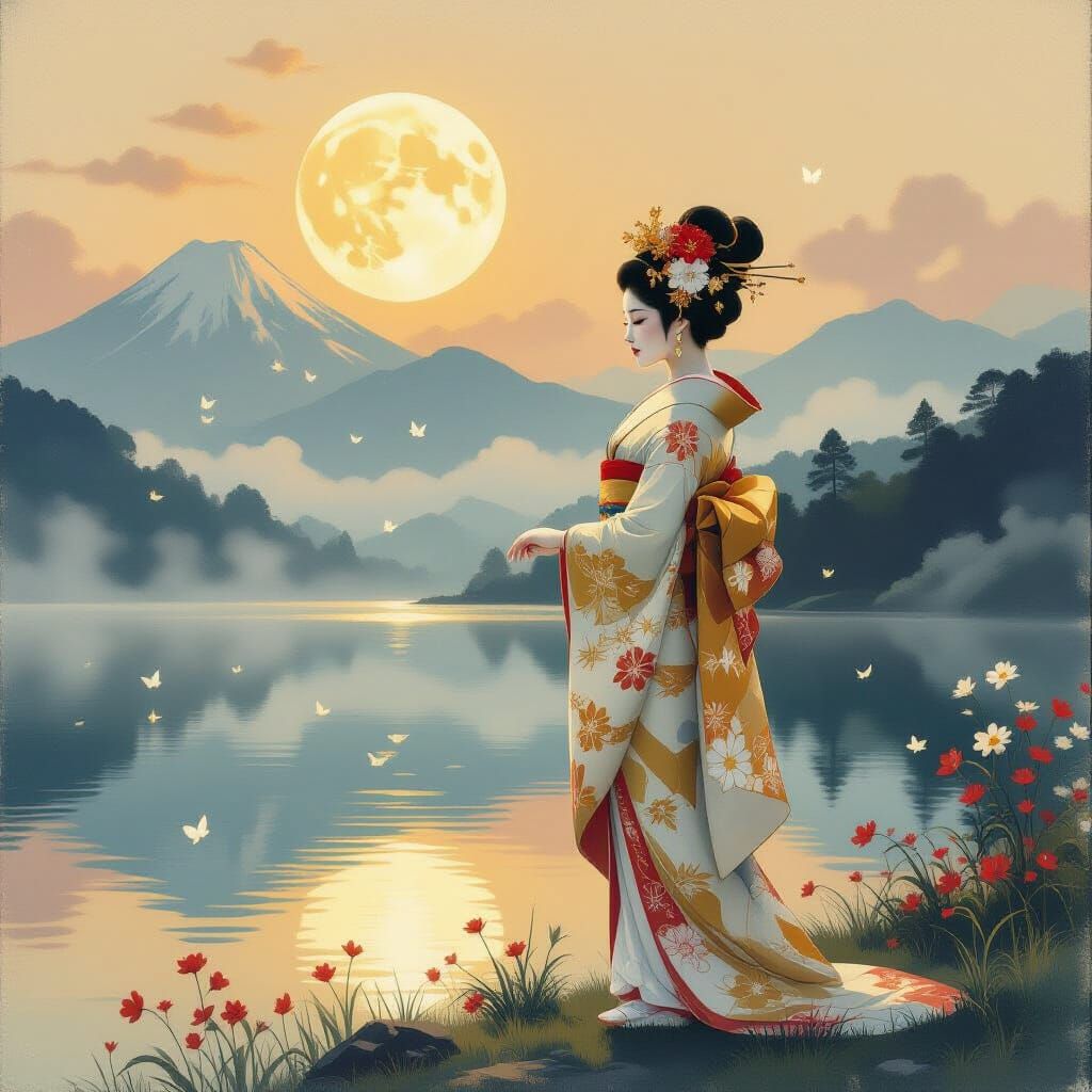 Serene Japanese Goddess by Misty Lake