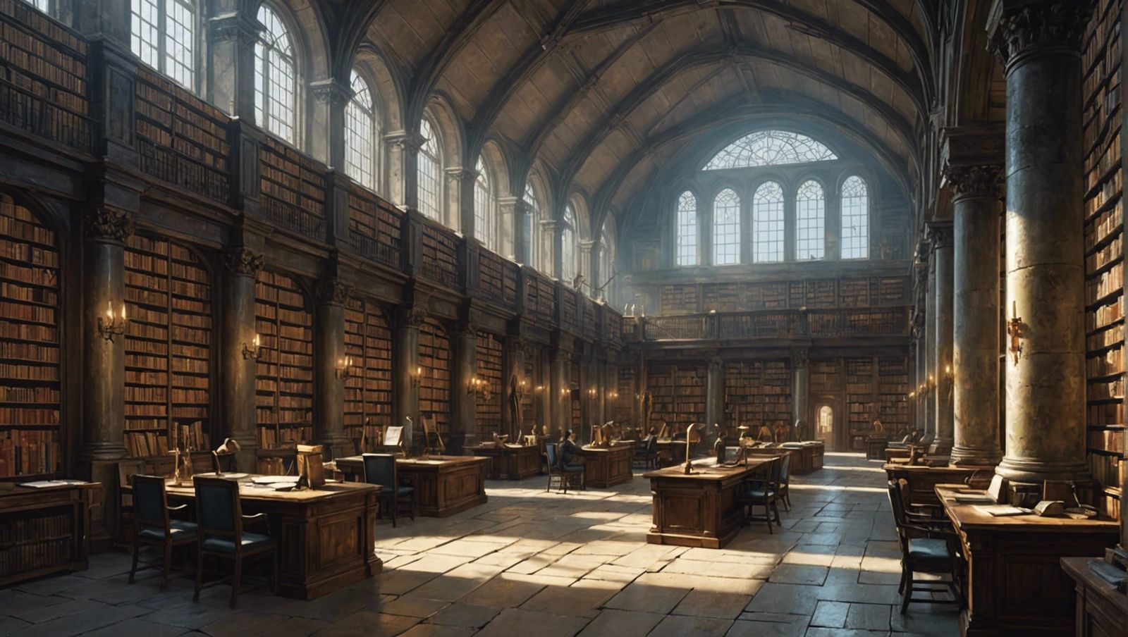 Cyberpunk Ancient Library with Floating Robots