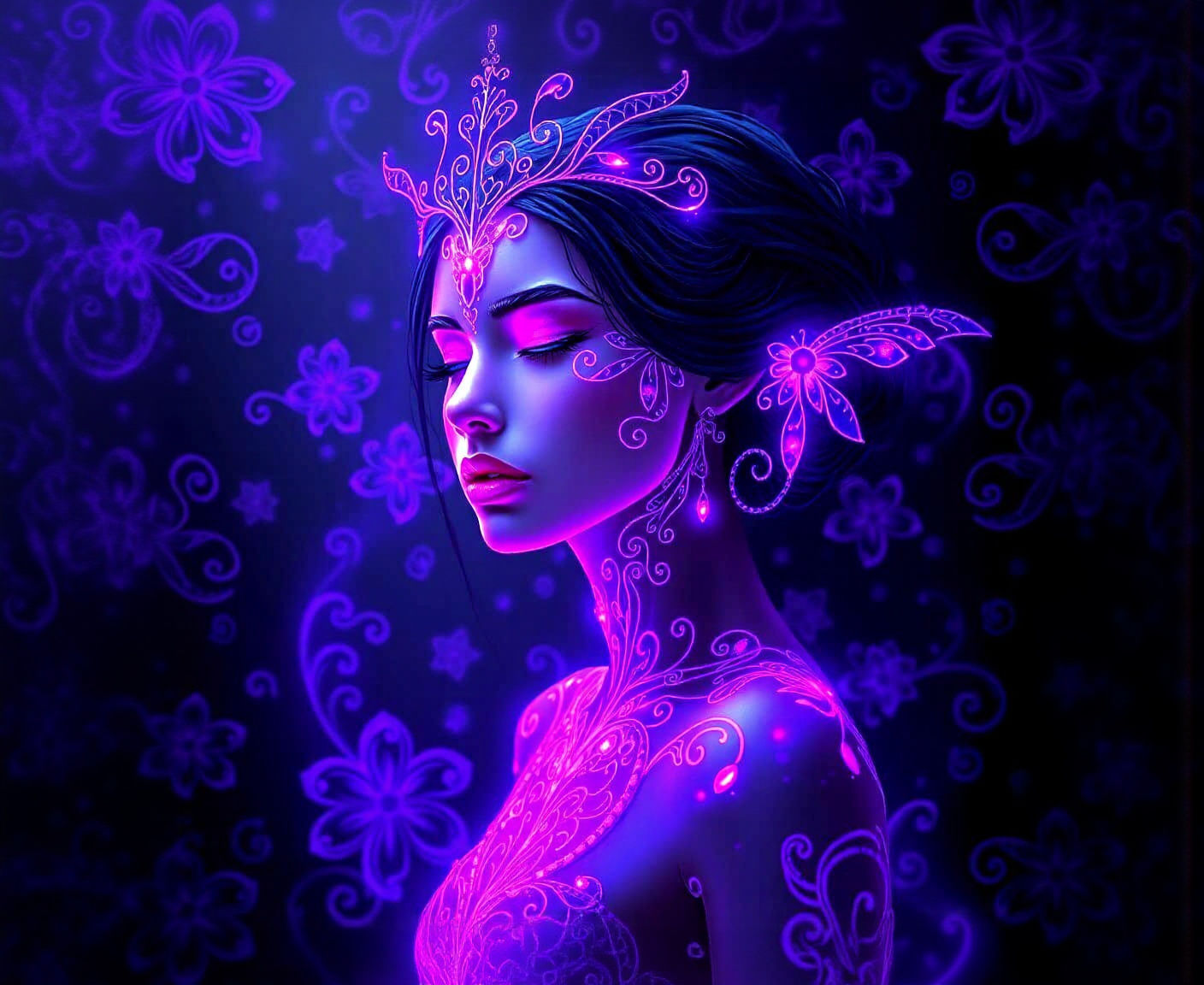 Ethereal Bioluminescent Maiden with Filigree Designs