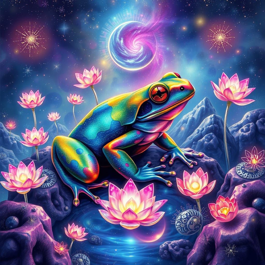 Surreal Cosmic Frog in Vibrant Fractal Landscape