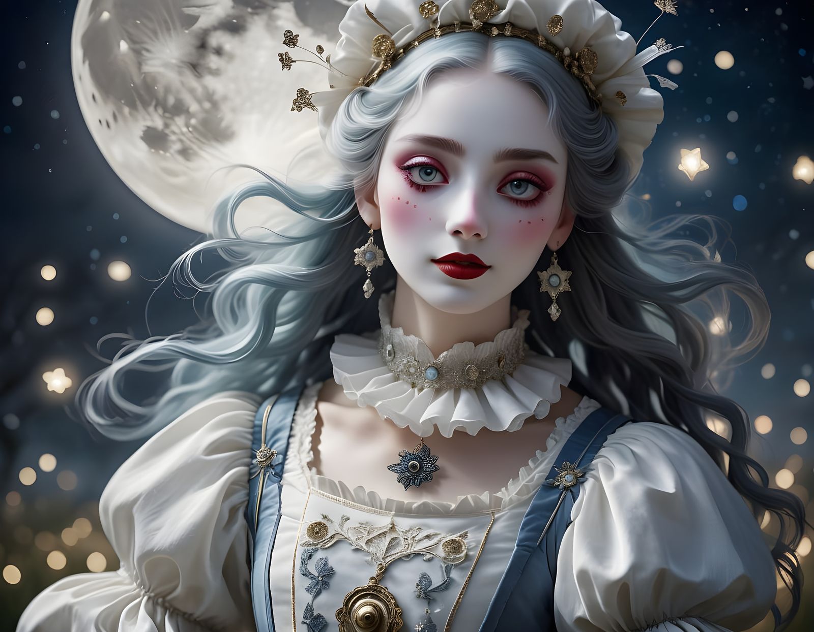 Pierrot's Serene Muse Under the Starry Night