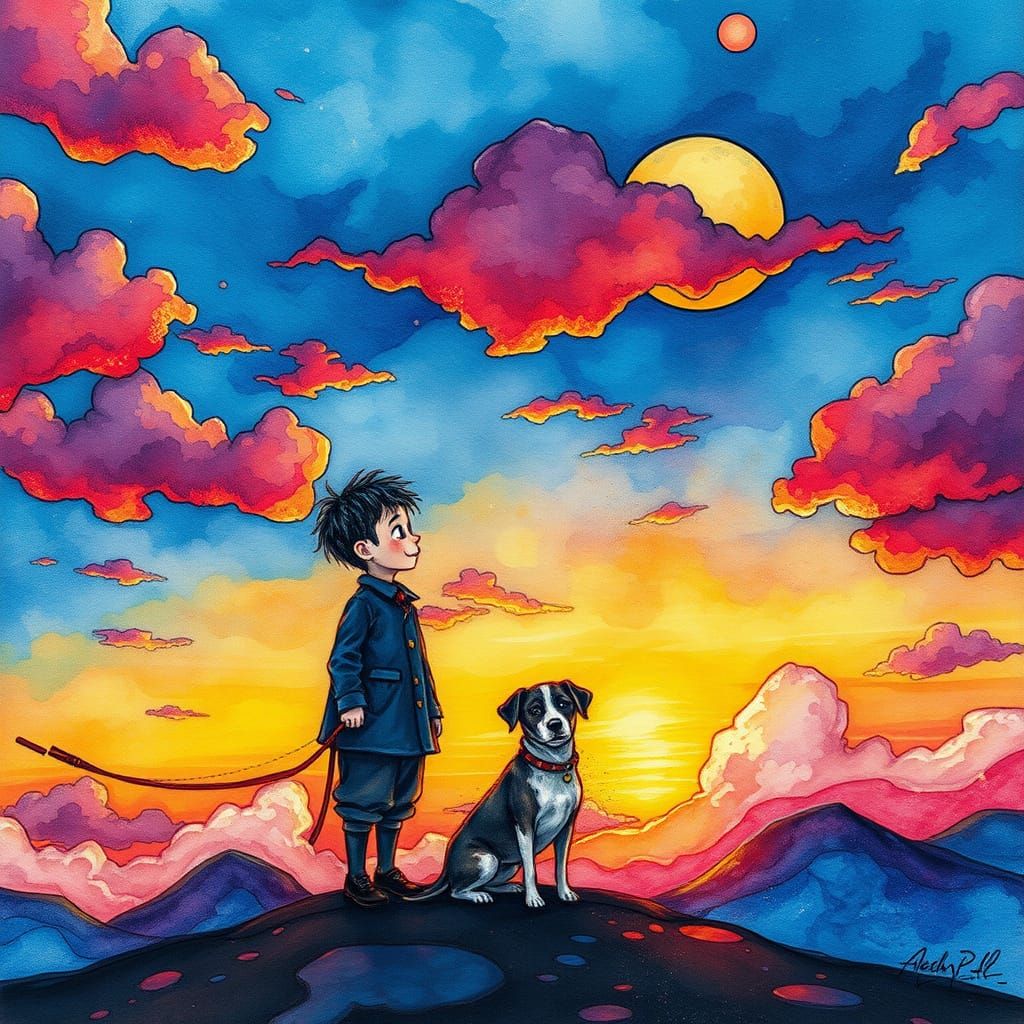 Chaplin, Boy, and Dog in Alcohol Ink Landscape
