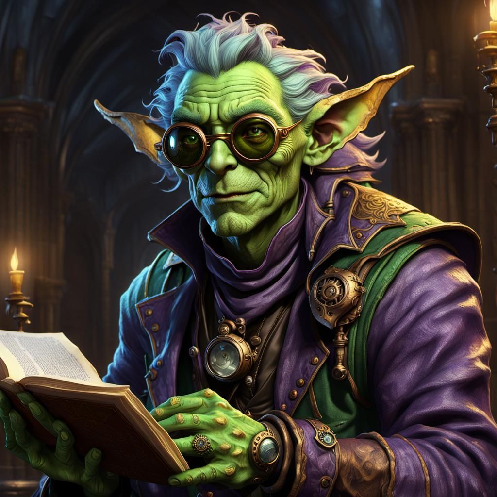 Goblin Mage with Steampunk Glasses in Dark Fantasy Style