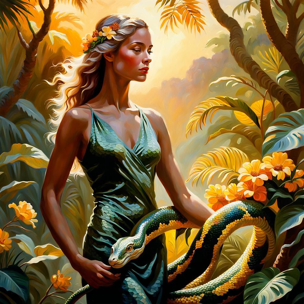 Eve and Serpent in Paradise: Impressionist Oil Painting