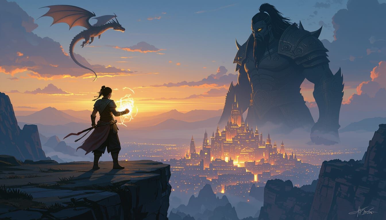 Warrior Overlooking Glowing City in Digital Painting Style