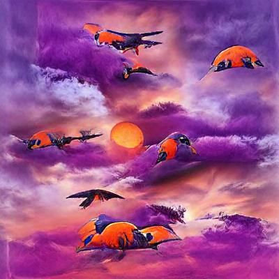 Parrots Flying in Purple and Orange Sky: Poster Art