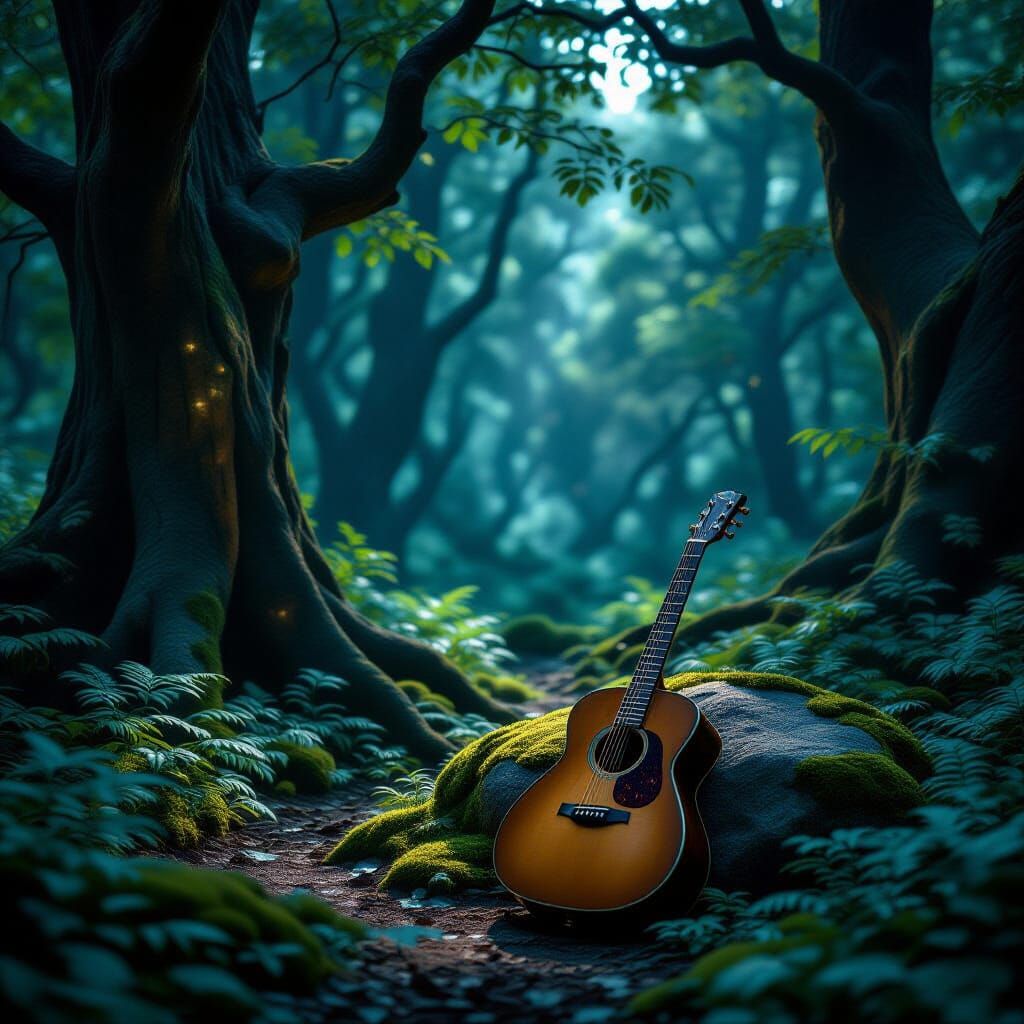 Bioluminescent Forest Clearing with Guitar: Hyperrealistic S...