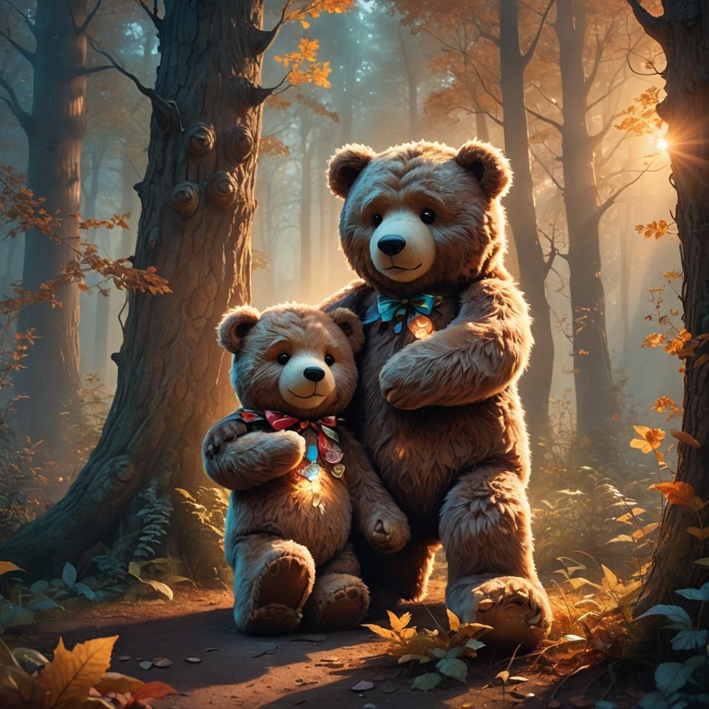Teddy Bears Embrace in Whimsical Fantasy Illustration